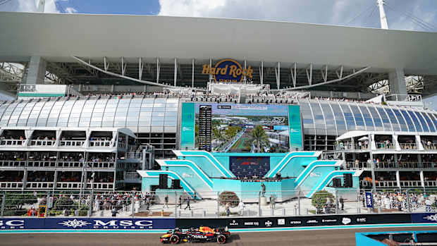 Max Verstappen roars past Hard Rock Stadium en route to his win in last year's F1 debut event in Miami. Photo: John David Mercer / USA Today Sports